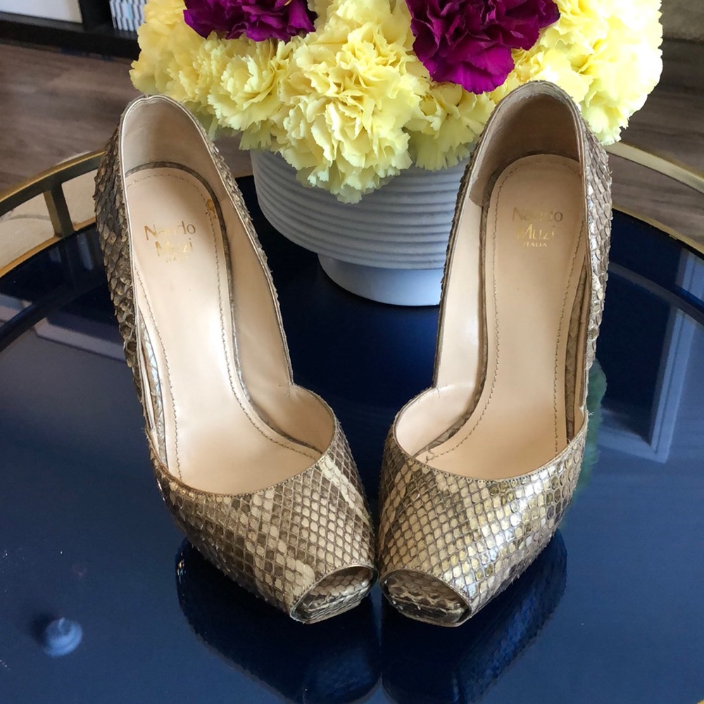 Nando Muzi platform snakeskin open toe heels